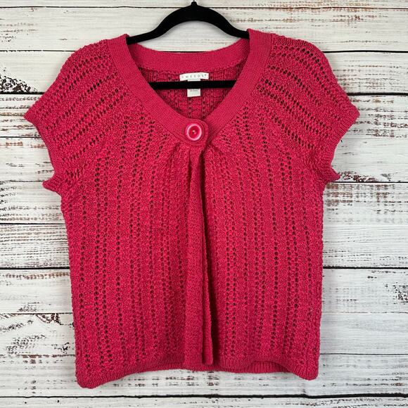 Women's Tweeds Hot Pink Open Knit 1 Button Cardigan Cap Sleeve Career Casual L - Picture 1 of 5